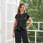 Womens Silk Tops Round Neck Short Sleeves Pure Silk Shirts